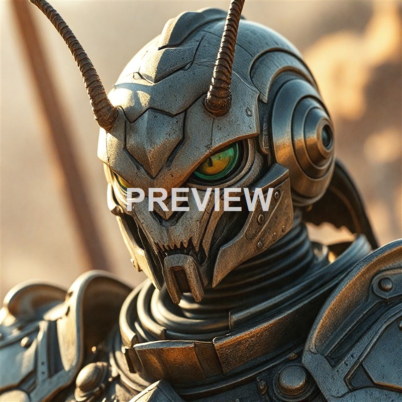 A highly detailed close-up of a robotic creature with a skull-like face, glowing green eyes, and two prominent antennae, set against a blurred background.